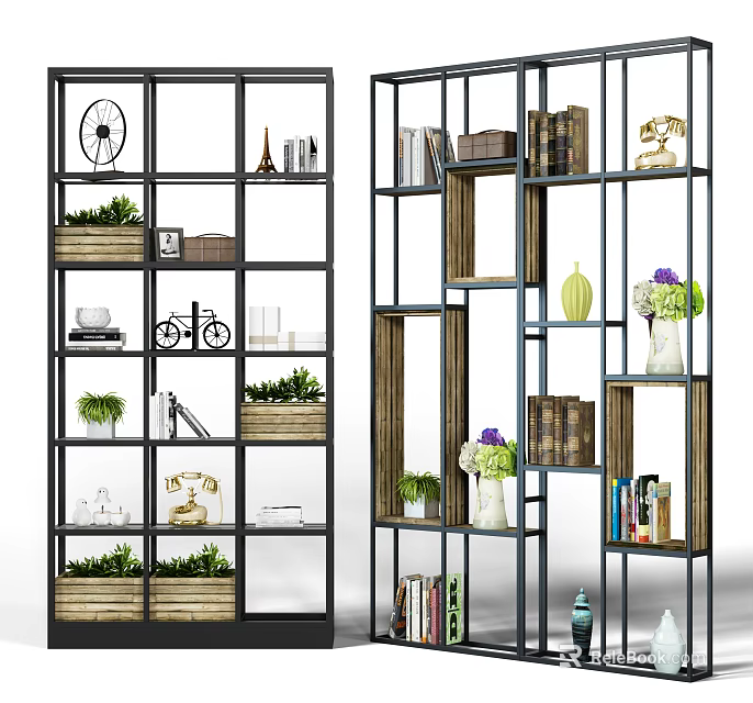 Modern Shelving Units With Metal Frame Wooden Shelves Books Green Plants And Decorative Ornaments 3d model 