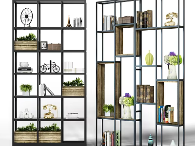 Modern Shelving Units With Metal Frame Wooden Shelves Books Green Plants And Decorative Ornaments 3d model