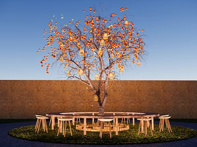 Outdoor Space With Tree Orange Yellow Leaves Hanging Lanterns Round Wooden Table And Stools 3d model