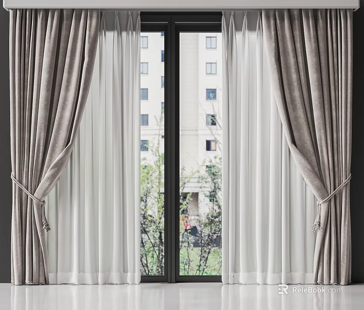 Gray Thick Curtains With White Sheer And Tiebacks For Window Interior Design 3d model 