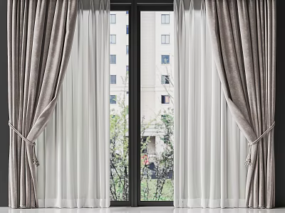 Gray Thick Curtains With White Sheer And Tiebacks For Window Interior Design 3d model