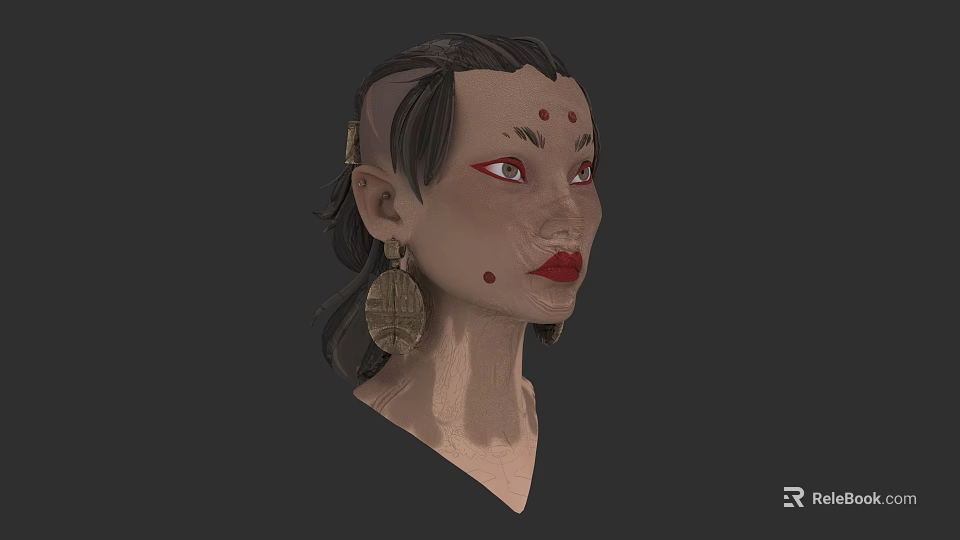 Traditional Styled Woman With Braided Hairstyle Red Dots Makeup Red Eyes And Earrings 3d model 