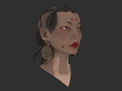 Traditional Styled Woman With Braided Hairstyle Red Dots Makeup Red Eyes And Earrings 3d model