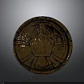 Golden Circular Ancient Shield With Black Line Decorations And Intricate Central Patterns