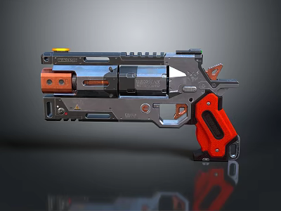 Futuristic Sci Fi Pistol with Metallic Body Red Grip and Shiny Design Elements 3d model