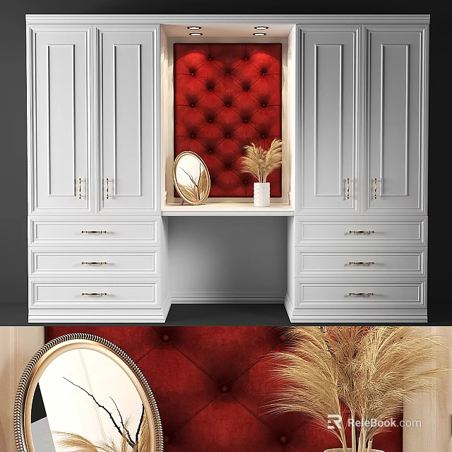 White Dresser With Red Tufted Backdrop Round Mirror And Pampas Grass Vase 3d model 