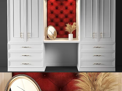 White Dresser With Red Tufted Backdrop Round Mirror And Pampas Grass Vase 3d model