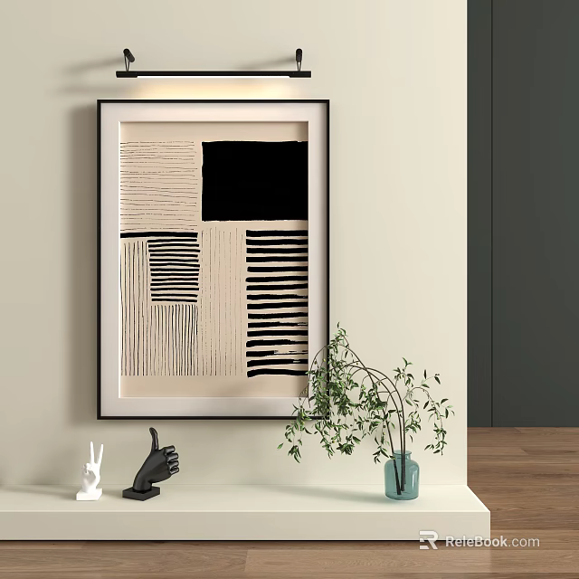 Geometric Abstract Painting With Black White Stripes Block In Minimalist Interior With Plant Decorative Items 3d model 