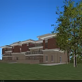 Spacious Modern Townhouse Exterior with Green Lawn Trees and Terrace