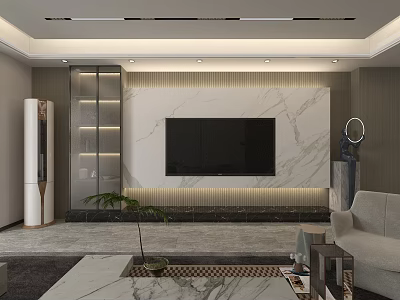 Modern Living Room TV Background Wall Design With Marble Panel And Light Strip 3d model