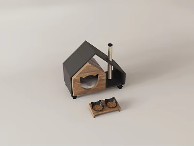 Wooden Pet House With Black Roof Heart Shaped Window And Small Tray Holding Round Objects 3d model