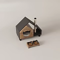 Wooden Pet House With Black Roof Heart Shaped Window And Small Tray Holding Round Objects