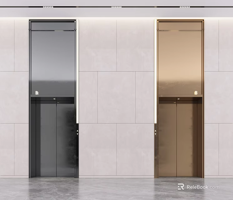 Modern Public Facilities Elevators In Black And Gold With Light Colored Wall Design 3d model 