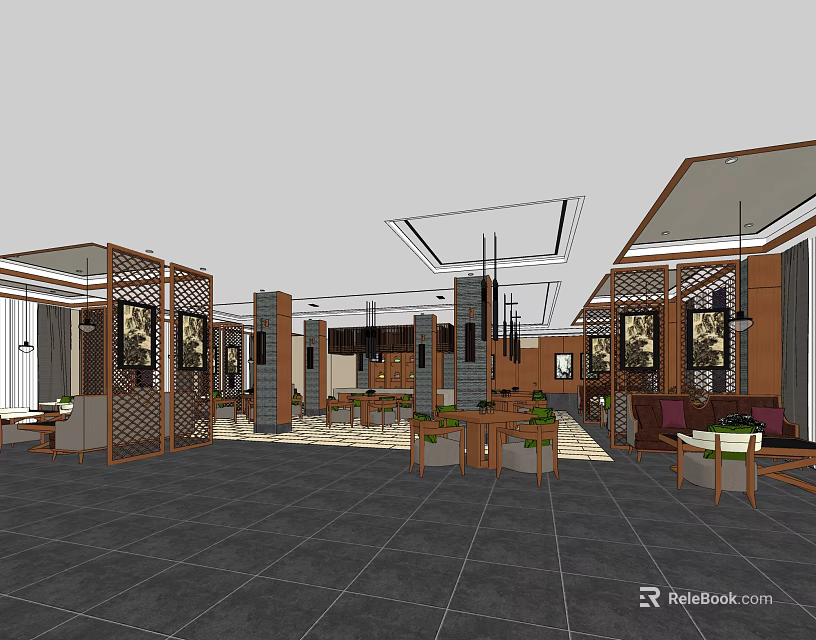 Cozy Café Interior Design With Wooden Partitions Tables Chairs And Hanging Lights 3d model 