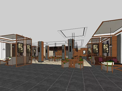 Cozy Café Interior Design With Wooden Partitions Tables Chairs And Hanging Lights 3d model