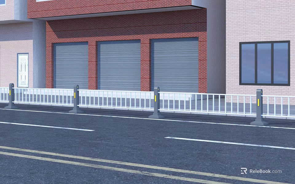 White Roadside Fence With Red Brick Building Roller Shutters And Windows On Street 3d model 