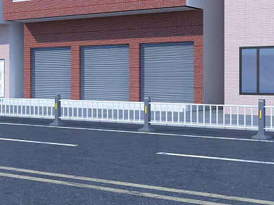 White Roadside Fence With Red Brick Building Roller Shutters And Windows On Street 3d model