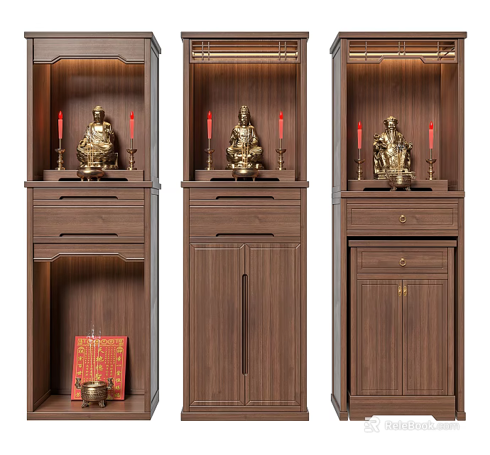 Wooden Buddhist Shrine Cabinet Set With Buddha Statues Red Candles And Storage Compartments 3d model 