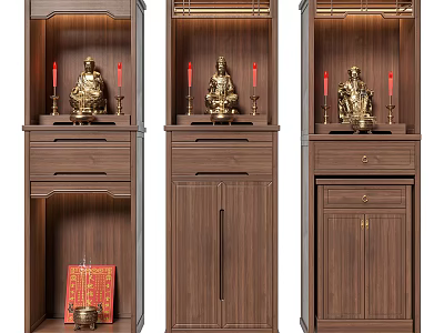 Wooden Buddhist Shrine Cabinet Set With Buddha Statues Red Candles And Storage Compartments 3d model