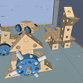 Colorful Building Blocks of Various Shapes with Holes Blue Wheels and White Tubes Assembled Structures