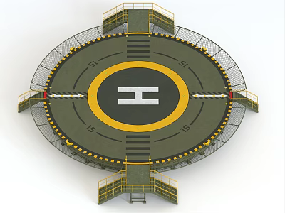 Circular Platform Design With Yellow Circle White Symbol Warning Stripes And Stairs 3d model