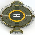 Circular Platform Design With Yellow Circle White Symbol Warning Stripes And Stairs