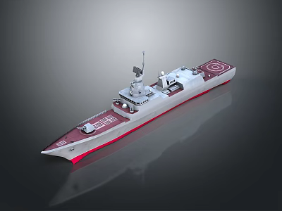 3D Model of Military Patrol Ship With White Hull Red Bottom and Deck Radar Antenna 3d model
