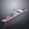 3D Model of Military Patrol Ship With White Hull Red Bottom and Deck Radar Antenna