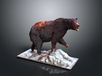 Brown Bear Sculpture Standing on Rocky Snowy Base With Detailed Fur Texture and Natural Posture 3d model