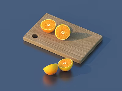 Wooden Cutting Board As Essential Kitchen Tool With Fresh Sliced Oranges On Blue Background 3d model