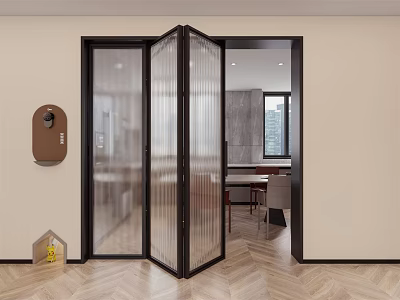 Transparent Glass Folding Door With Black Frame In Modern Indoor Space With Herringbone Wooden Floor 3d model