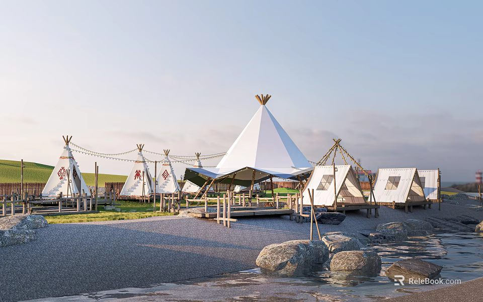 Garden Landscape With White Teepee Tents Wooden Platform Paved Path And Stones 3d model 