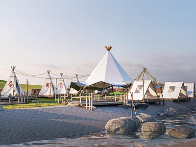 Garden Landscape With White Teepee Tents Wooden Platform Paved Path And Stones 3d model