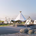 Garden Landscape With White Teepee Tents Wooden Platform Paved Path And Stones