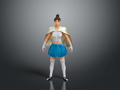 Woman in white top blue skirt white socks black shoes with bun hairstyle light cape 3d model