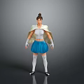 Woman in white top blue skirt white socks black shoes with bun hairstyle light cape