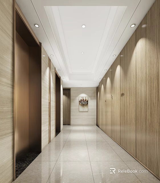 Modern Elevator Hallway Interior Design With Wooden Walls Marble Flooring And Ceiling Lights 3d model 