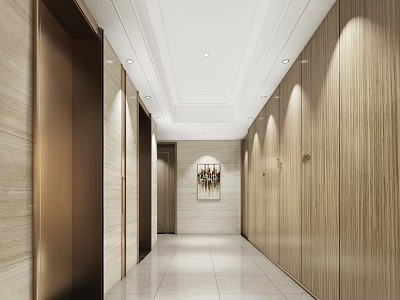 Modern Elevator Hallway Interior Design With Wooden Walls Marble Flooring And Ceiling Lights 3d model