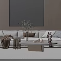 Light Colored Three Seater Sofa With Throw Pillows Blanket Coffee Table And Decorative Plant 3d model