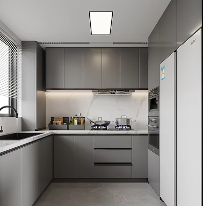 Modern Kitchen Interior With Gray Cabinets Marble Countertops Stove And Stainless Steel Appliances 3d model