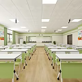 School Classroom With Neat Rows Of Desks Green White Chairs Wooden Flooring And Ceiling Lights