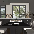 Modern Kitchen Interior With Black And White Cabinets Dining Table Chairs And Wooden Flooring