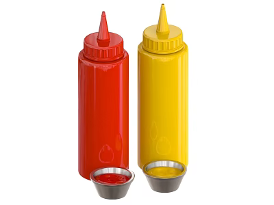 Red and Yellow Condiment Bottles With Small Metal Serving Bowls 3d model