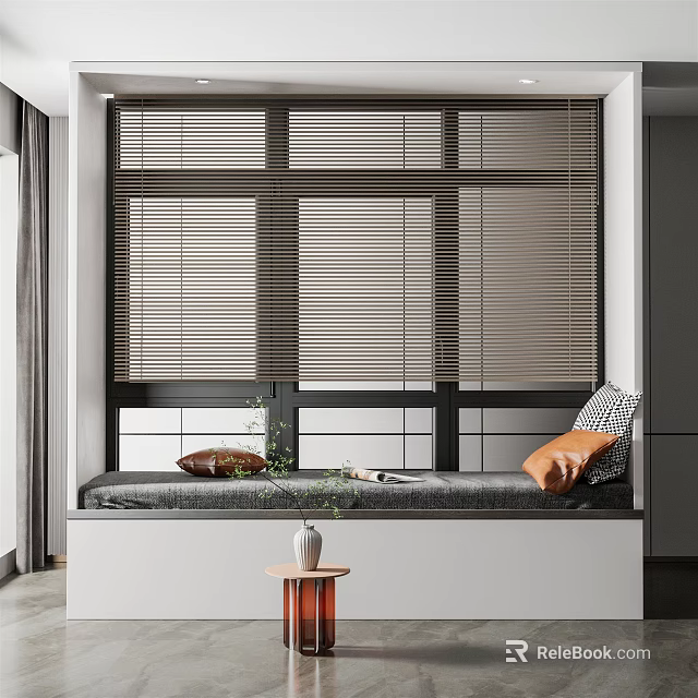 Modern Window Seat With Cushion Pillows Blinds Small Table And Green Plant 3d model 