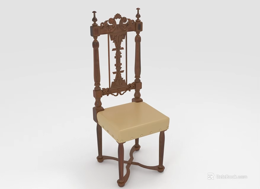 Vintage Wooden Carved Accent Chair With Beige Upholstered Seat And Ornate Armrests 3d model 