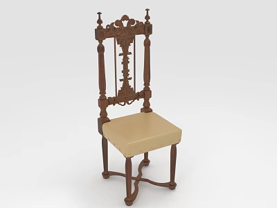 Vintage Wooden Carved Accent Chair With Beige Upholstered Seat And Ornate Armrests 3d model