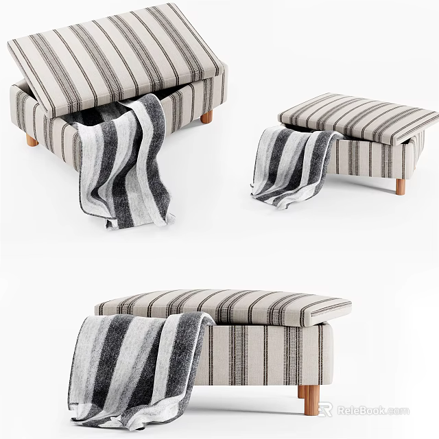 Stylish Striped Upholstered Ottoman With Wooden Legs And Throw Blanket Home Decor 3d model 