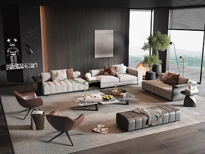 Modern Sofa Coffee Table Set With Plush Cushions Neutral Tones And Indoor Plant 3d model