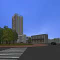 Modern Commercial Complex Tall Building Featuring Glass Facade Evening Lighting and Surrounding Trees