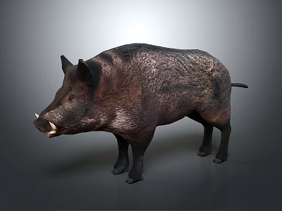 Wild Boar With Dark Fur And Tusks In Standing Pose On Neutral Gray Background 3d model